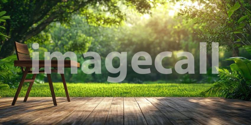 A rustic wooden table and chair beckon amidst a lush green garden, where sunlight filters through the leaves