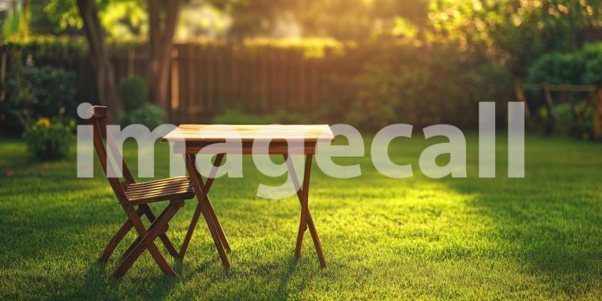 A rustic wooden table and chair beckon amidst a lush green garden, where sunlight filters through the leaves