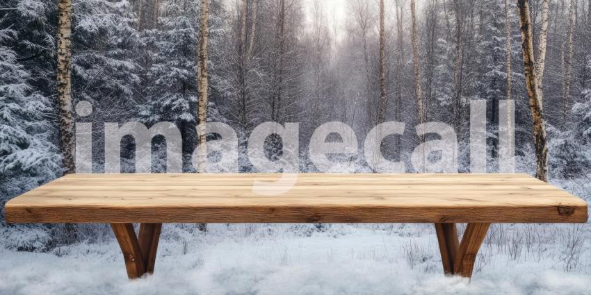 A rustic wooden table sits nestled amidst a breathtaking winter landscape, where snow-laden trees stand tall against a crisp, blue sky