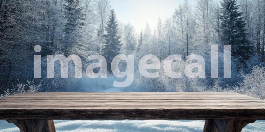 A rustic wooden table sits nestled amidst a breathtaking winter landscape, where snow-laden trees stand tall against a crisp, blue sky