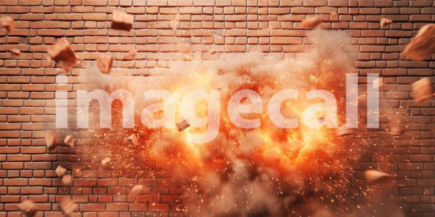 A cataclysmic explosion erupts from a brick wall, sending a shower of debris flying outward with incredible force