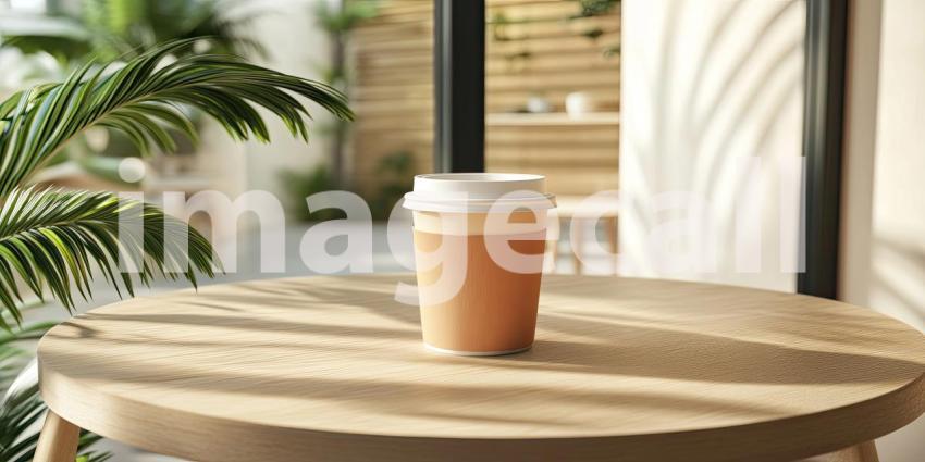 Sunlight streams through a cafe window, casting dappled shadows on a wooden table where a steaming cup of coffee rests, wrapped in a cozy sleeve