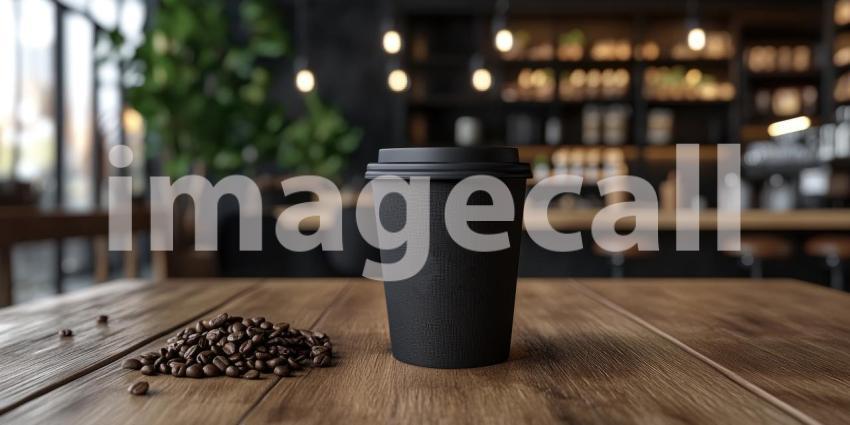 Sunlight streams through a cafe window, casting dappled shadows on a wooden table where a steaming cup of coffee rests, wrapped in a cozy sleeve