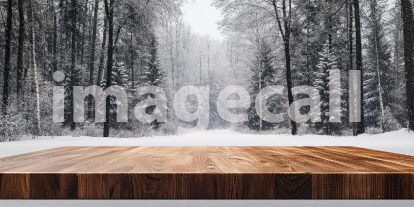 A rustic wooden table sits nestled amidst a breathtaking winter landscape, where snow-laden trees stand tall against a crisp, blue sky