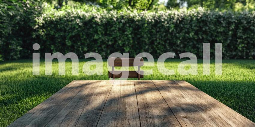 A rustic wooden table and chair beckon amidst a lush green garden, where sunlight filters through the leaves