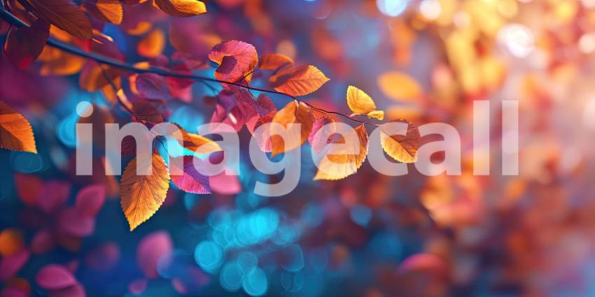 A vibrant tapestry of autumnal hues unfolds as a multitude of leaves, painted in shades of crimson, sapphire, and burnt orange, intertwine and overlap