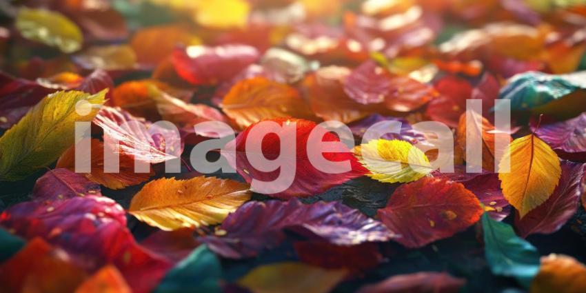 A vibrant tapestry of autumnal hues unfolds as a multitude of leaves, painted in shades of crimson, sapphire, and burnt orange, intertwine and overlap