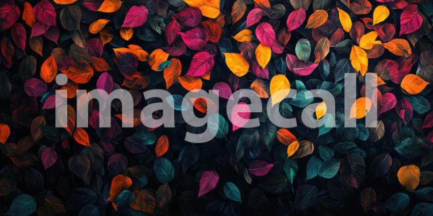 A vibrant tapestry of autumnal hues unfolds as a multitude of leaves, painted in shades of crimson, sapphire, and burnt orange, intertwine and overlap