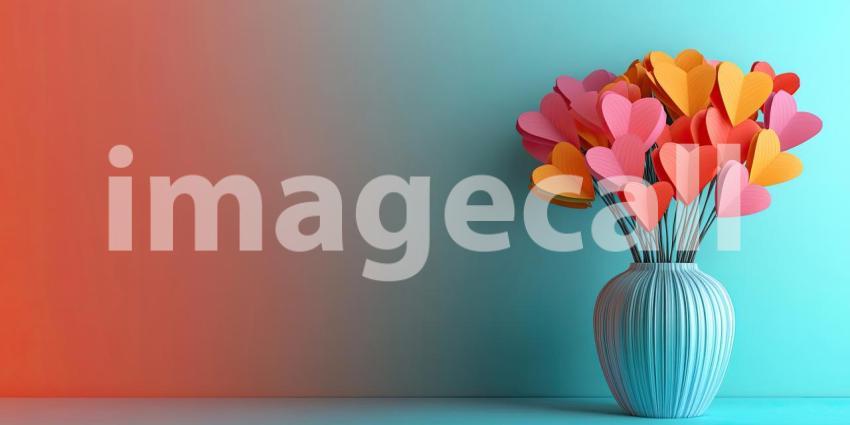 Against a vibrant backdrop of turquoise and sunset hues, a whimsical bouquet of paper hearts, crafted in a rainbow of colors, spills from a terracotta vase