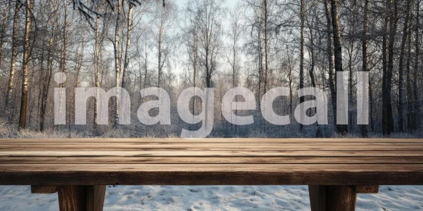 A rustic wooden table sits nestled amidst a breathtaking winter landscape, where snow-laden trees stand tall against a crisp, blue sky
