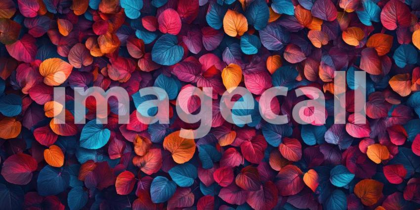 A vibrant tapestry of autumnal hues unfolds as a multitude of leaves, painted in shades of crimson, sapphire, and burnt orange, intertwine and overlap