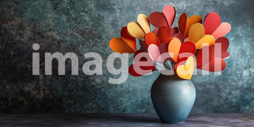 Against a vibrant backdrop of turquoise and sunset hues, a whimsical bouquet of paper hearts, crafted in a rainbow of colors, spills from a terracotta vase