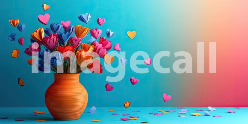 Against a vibrant backdrop of turquoise and sunset hues, a whimsical bouquet of paper hearts, crafted in a rainbow of colors, spills from a terracotta vase