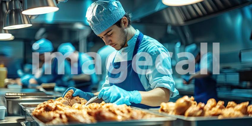 Chef Preparing Various Cuts of Meat in Busy Kitchen, Illuminated by Bright Lights and Steam