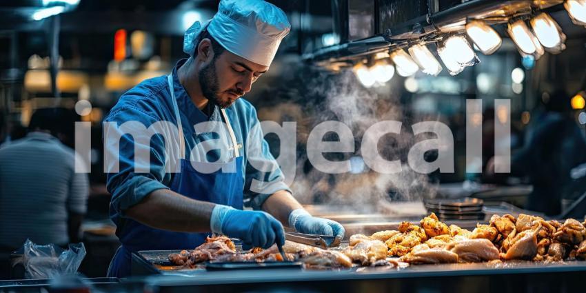 Chef Preparing Various Cuts of Meat in Busy Kitchen, Illuminated by Bright Lights and Steam