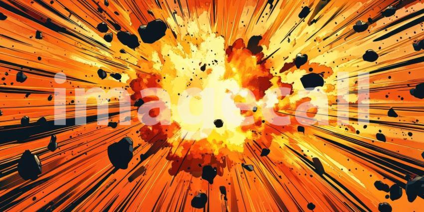 A fiery cataclysm erupts, a blinding explosion of incandescent energy erupts outward, casting a fiery glow across the canvas