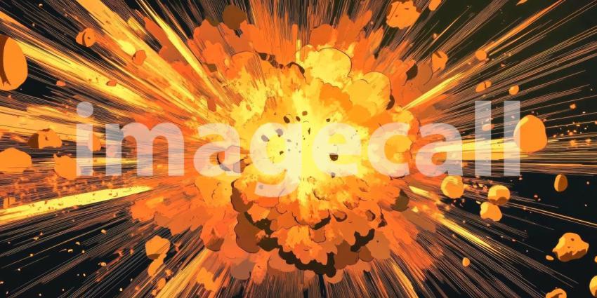 A fiery cataclysm erupts, a blinding explosion of incandescent energy erupts outward, casting a fiery glow across the canvas