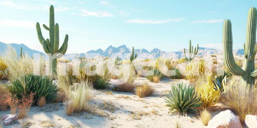 Towering saguaro cacti stand sentinel against a backdrop of rugged mountains, showcasing the resilience of life in the desert landscape