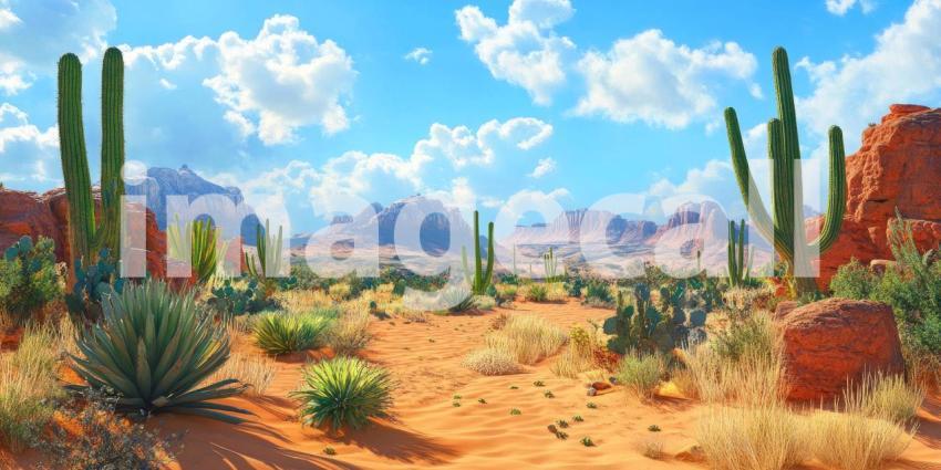 Towering saguaro cacti stand sentinel against a backdrop of rugged mountains, showcasing the resilience of life in the desert landscape