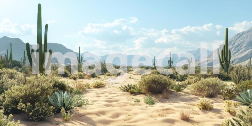 Towering saguaro cacti stand sentinel against a backdrop of rugged mountains, showcasing the resilience of life in the desert landscape