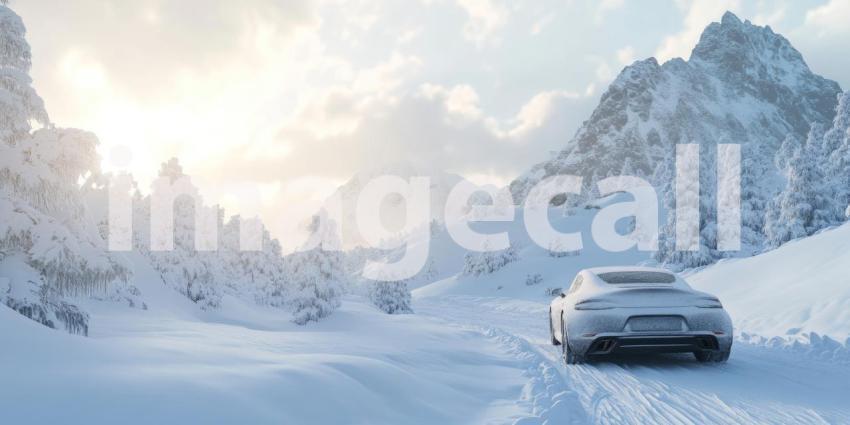 A sleek car navigates the snowy mountain pass, leaving a trail of winter magic