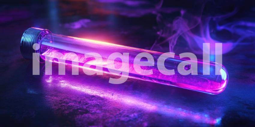 A gloved hand delicately holds a test tube filled with a vibrant red liquid, as bubbles erupt and dance in the air, capturing the dynamic energy of scientific discovery