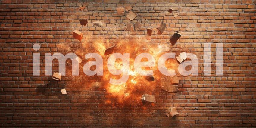 A cataclysmic explosion erupts from a brick wall, sending a shower of debris flying outward with incredible force