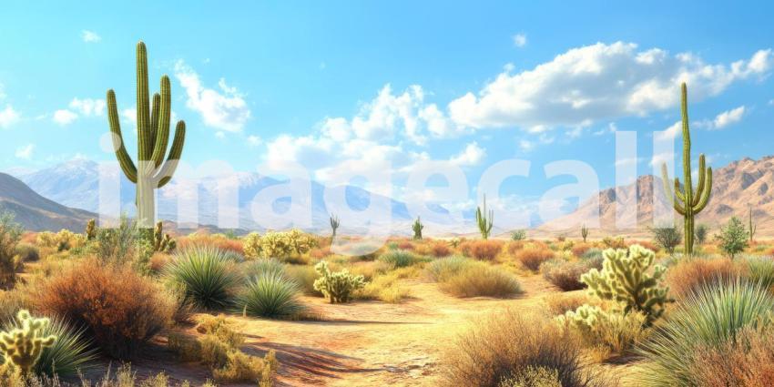 Towering saguaro cacti stand sentinel against a backdrop of rugged mountains, showcasing the resilience of life in the desert landscape