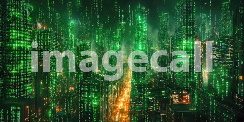 A mesmerizing digital metropolis unfolds, where towering skyscrapers are woven from cascading lines of emerald green code