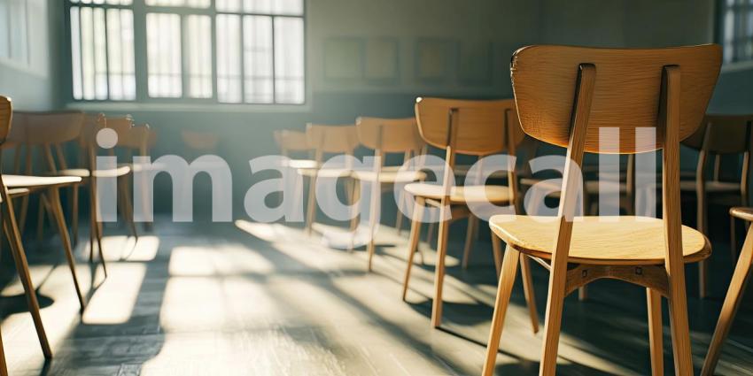 Rows of Wooden Chairs Bathed in Sunlight, Awaiting the Lively Discourse and Shared Learning That Will Fill This Empty Classroom