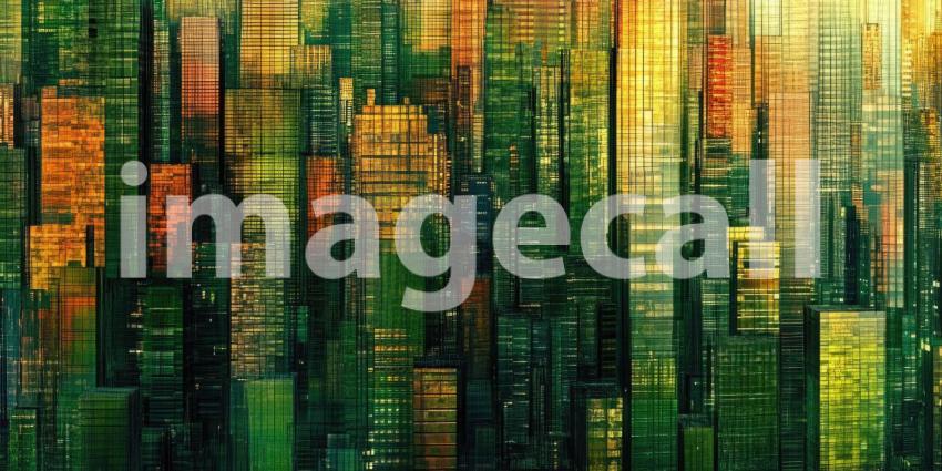 A mesmerizing digital metropolis unfolds, where towering skyscrapers are woven from cascading lines of emerald green code