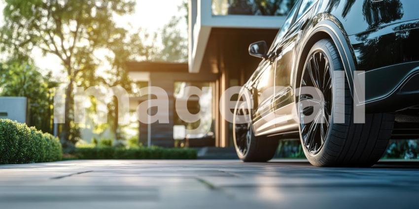 A sleek black SUV gleams in the warm evening light, parked in the driveway of a modern mansion, hinting at a life of comfort and effortless travel