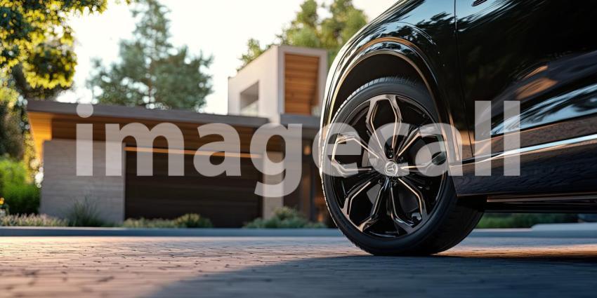 A sleek black SUV gleams in the warm evening light, parked in the driveway of a modern mansion, hinting at a life of comfort and effortless travel