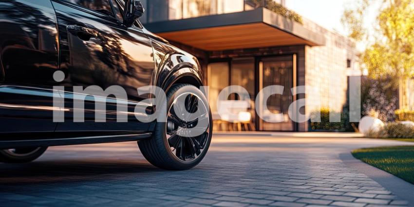 A sleek black SUV gleams in the warm evening light, parked in the driveway of a modern mansion, hinting at a life of comfort and effortless travel