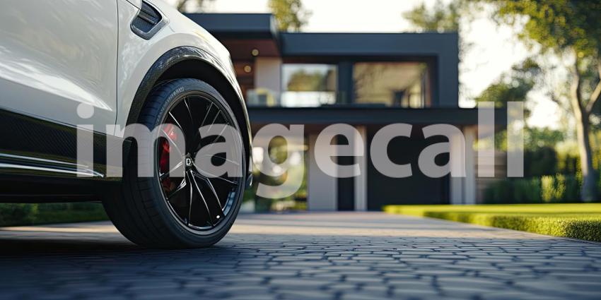 A sleek black SUV gleams in the warm evening light, parked in the driveway of a modern mansion, hinting at a life of comfort and effortless travel
