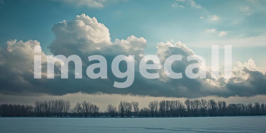 A blanket of pristine snow covers the park, transforming the cityscape into a winter wonderland. Bare branches of trees reach towards a vibrant blue sky,