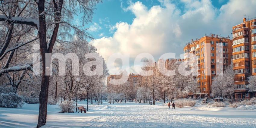 A blanket of pristine snow covers the park, transforming the cityscape into a winter wonderland. Bare branches of trees reach towards a vibrant blue sky,