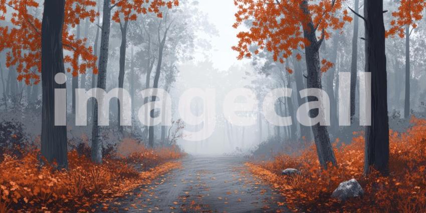 A winding road cuts through a vibrant autumnal forest, where golden leaves blanket the ground and a misty haze hangs in the air