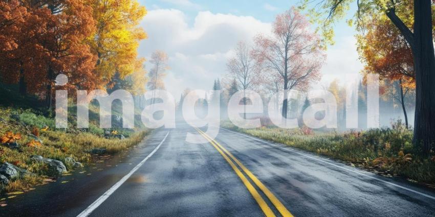 A winding road cuts through a vibrant autumnal forest, where golden leaves blanket the ground and a misty haze hangs in the air