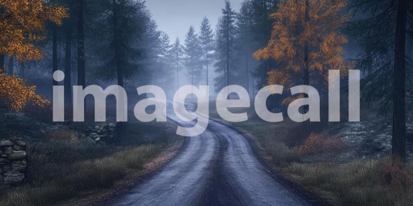 A winding road cuts through a vibrant autumnal forest, where golden leaves blanket the ground and a misty haze hangs in the air