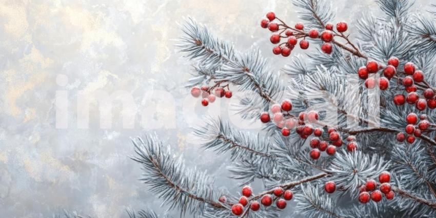 A cluster of vibrant red berries adorns a frost-kissed branch, a splash of color against the muted tones of the winter landscape