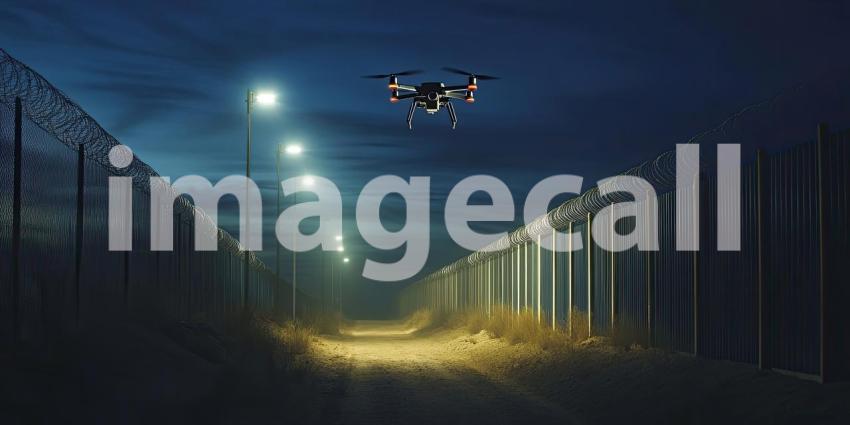 A drone patrols the border, its light cutting through the darkness as it monitors the desolate landscape