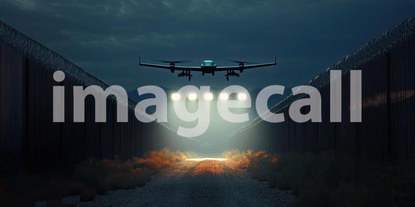 A drone patrols the border, its light cutting through the darkness as it monitors the desolate landscape