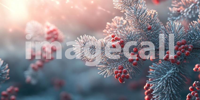 A cluster of vibrant red berries adorns a frost-kissed branch, a splash of color against the muted tones of the winter landscape