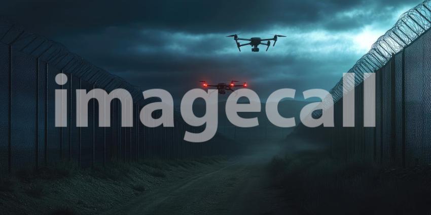 A drone patrols the border, its light cutting through the darkness as it monitors the desolate landscape
