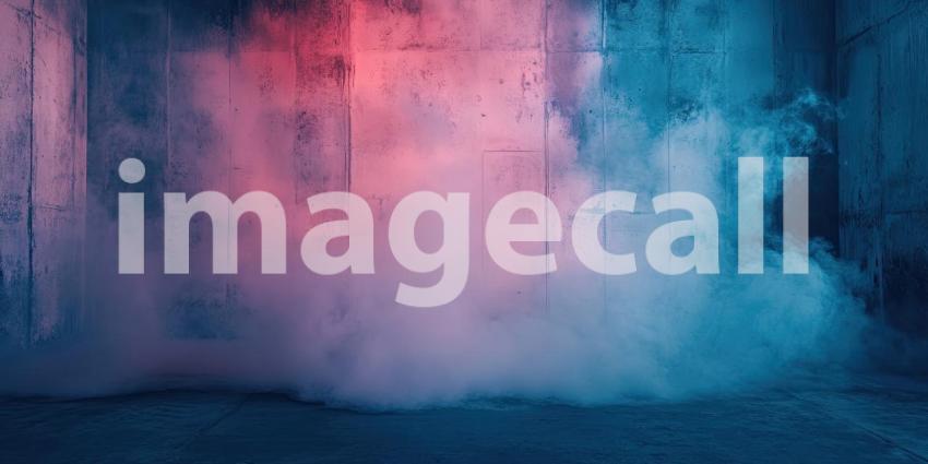 A minimalist room bathed in a surreal glow of blue and pink neon light, with swirling clouds of smoke adding an ethereal touch