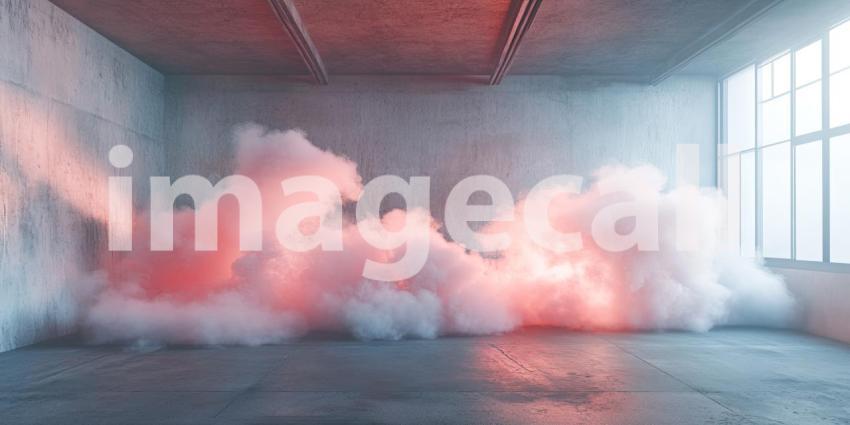 A minimalist room bathed in a surreal glow of blue and pink neon light, with swirling clouds of smoke adding an ethereal touch