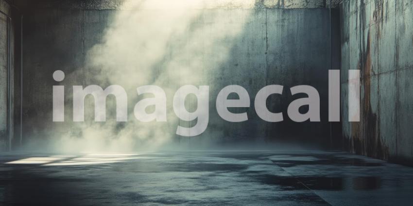 A minimalist room bathed in a surreal glow of blue and pink neon light, with swirling clouds of smoke adding an ethereal touch