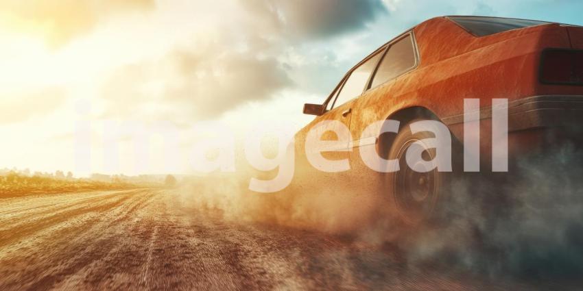 Alone vehicle braves the dusty desert road, leaving a trail of adventure