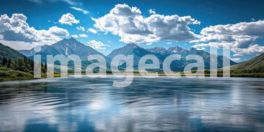 A tranquil lake nestled amidst a breathtaking panorama of towering mountains and dramatic cloudscapes, inviting a sense of peace and wonder